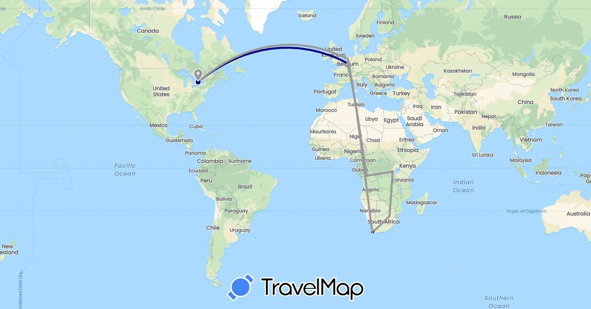 TravelMap itinerary: driving, plane in Belgium, Canada, Democratic Republic of the Congo, Republic of the Congo, Netherlands, Rwanda, South Africa (Africa, Europe, North America)